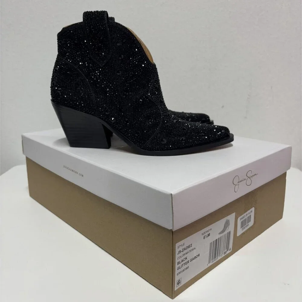 JESSICA SIMPSON / Black / Glittered / Ankle / Boots With Block Heel And Pull Tab